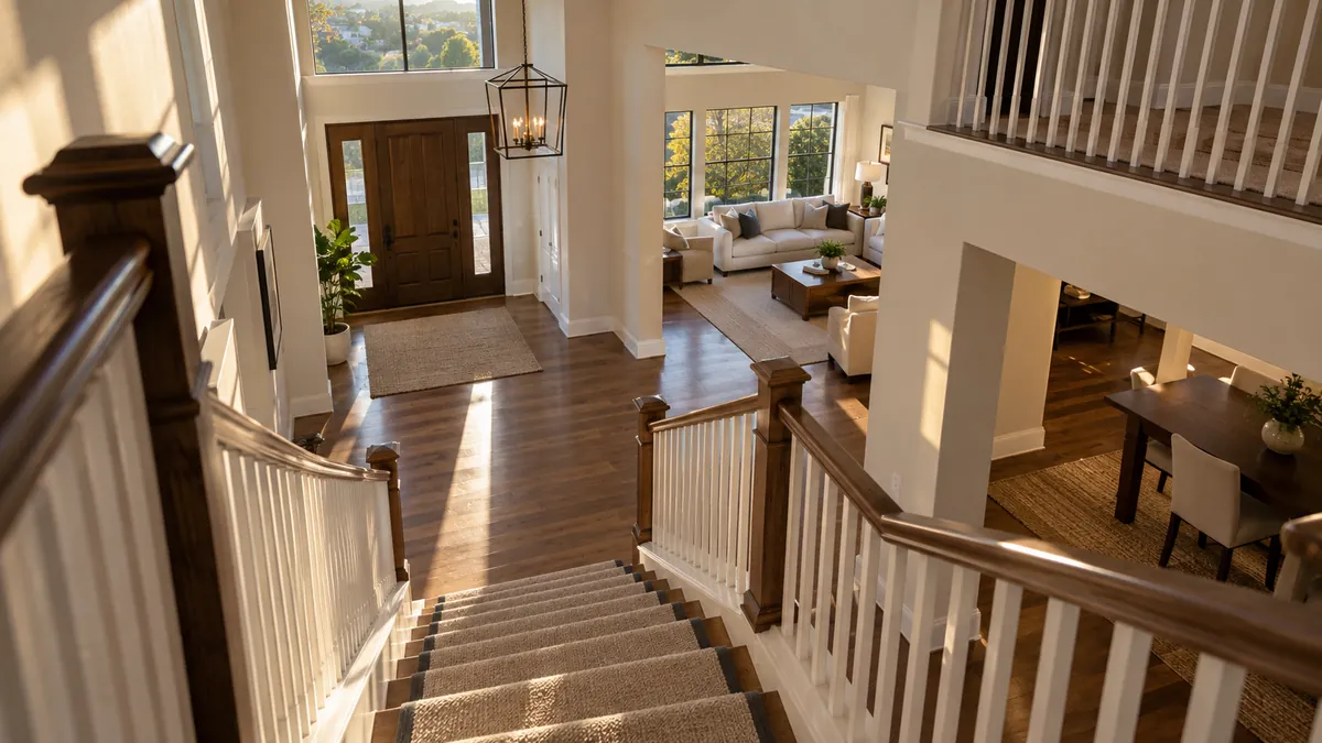 A wide view down a clean two story home from the stair landing, with dusted wooden railings and a vacuumed stair runner