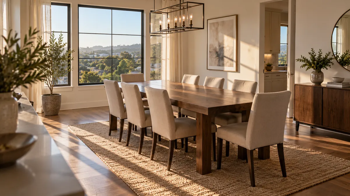 A clean, bright kitchen with wiped counters and a mopped floor