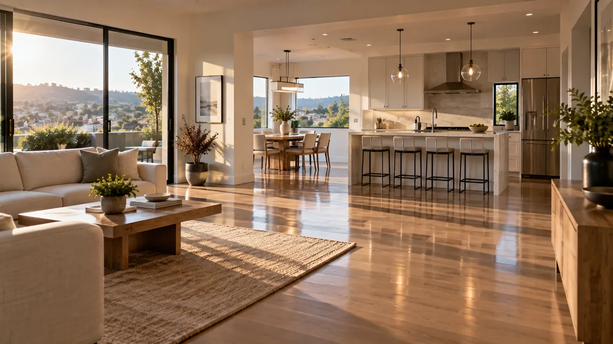A wide view through a bright open plan home after a full clean. Bare floors shine all the way to a kitchen with clear counters